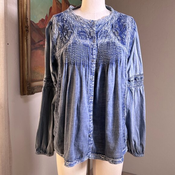 Sundance Cotton Boho Peasant Blouse Prairie Romantic Indigo Blue Women L - Picture 2 of 14